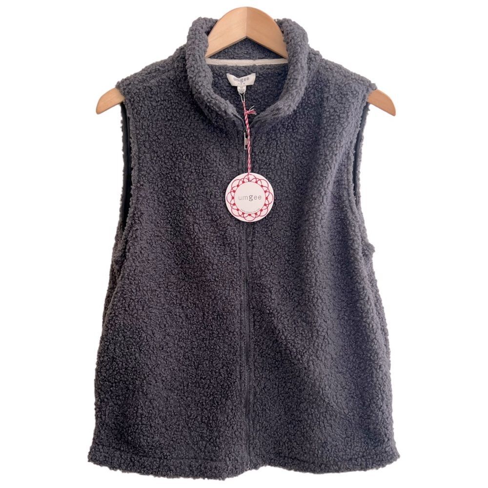 NWT UMGEE Teddy Vest Full Zip Jacket Fleece Gray Womens Medium Lined , Pockets!
